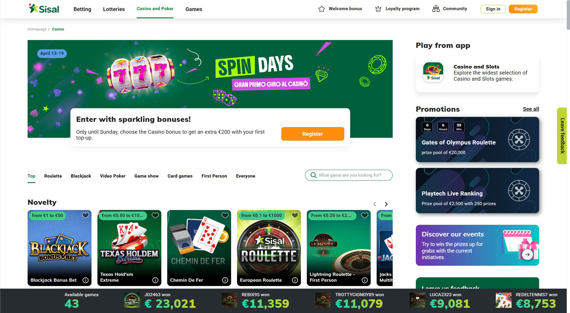 5. Sisal- Scelta del casinò Mobile Volt